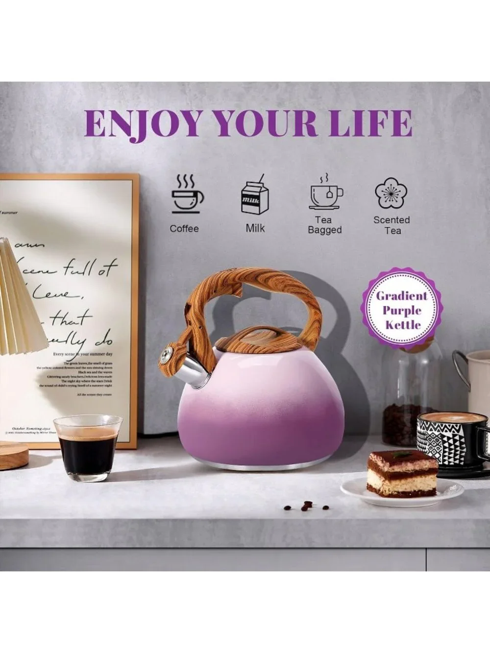 Kitchen Berry Purple Boiling Water Coffee or Milk Wood Pattern Handle Tea Kettle